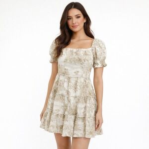 Luisa Positano Italy Linen Tiered Dress Puff Sleeve Toile Print OS Beach Cottage